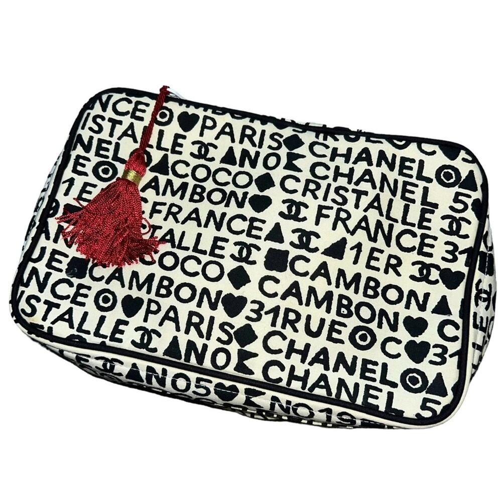 VTG Chanel Coco Cristalle Black & White Logo Zip Makeup Cosmetic Vanity Case Bag - Picture 8 of 16